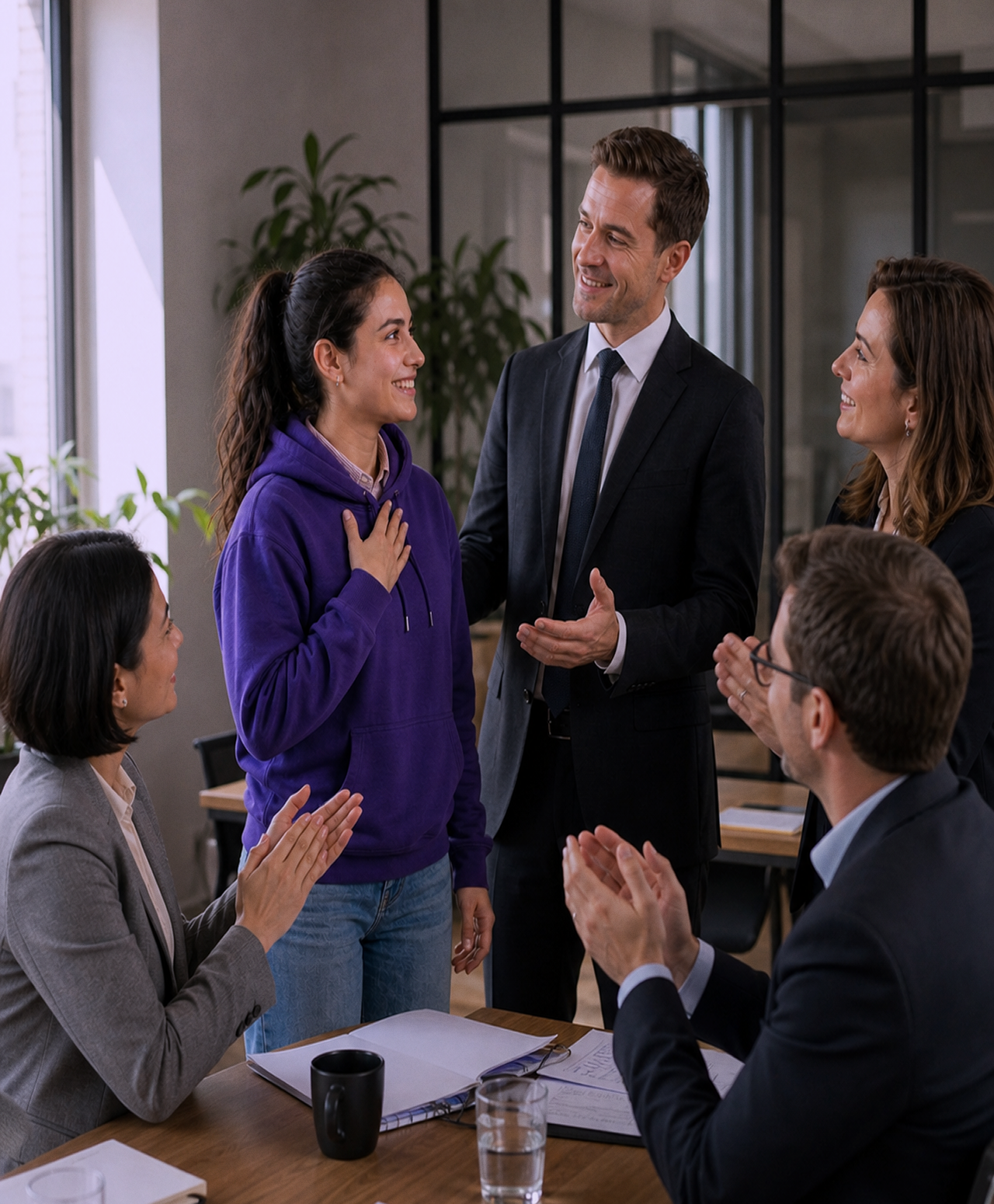 Candidata recibe reconocimiento de un equipo profesional tras demostrar crecimiento y avance.