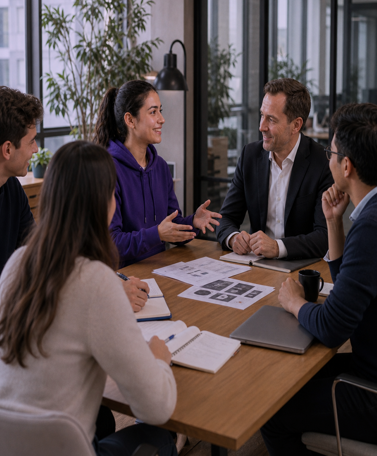 Candidata colabora en una reunión de equipo que refleja cultura, respeto y propósito compartido.