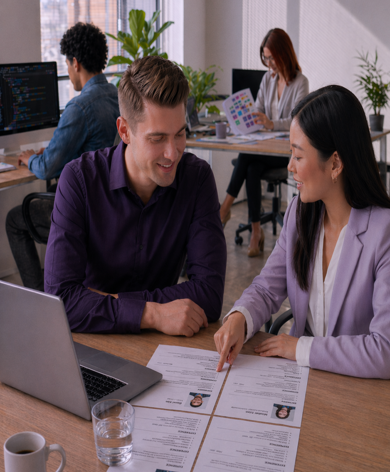 Liderazgo revisando la estrategia de contratación y optimización de recursos